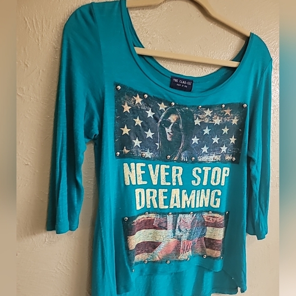 Y2K turquoise blue Top Never Stop Dreaming Patriotic Flag Size S 4th of July - Picture 2 of 16